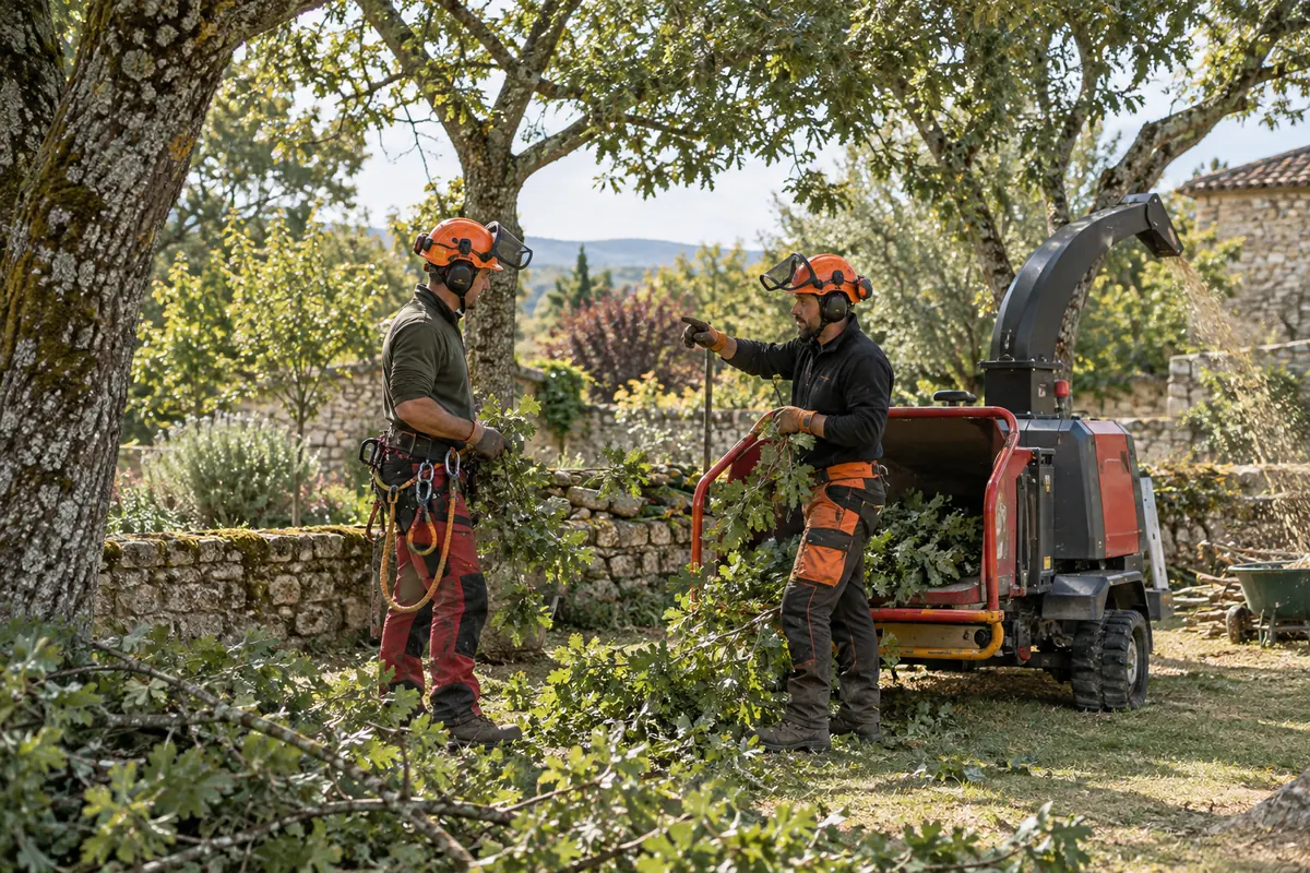 Deux arboristes équipés près d’un broyeur, photo d’illustration